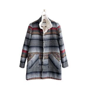 Billabong Womens Zippora Black Tribal Woven Jacket Coat Gray & Red Small